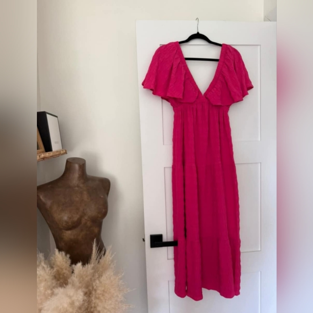 Hunter & Brown Pink Flutter Boho Sleeve Wrap Maxi Dress , Size Small